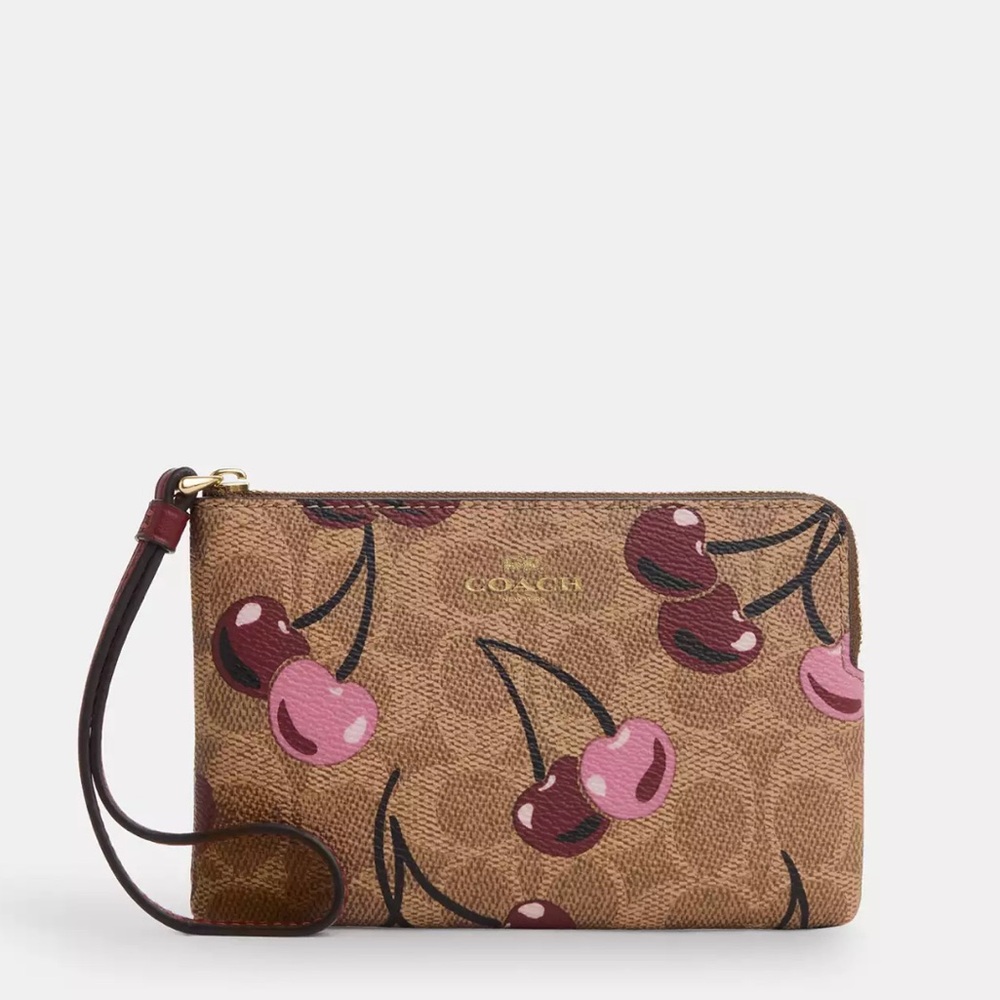 NWT Coach Corner Zip Wristlet In Signature Canvas With Cherry Print🍒